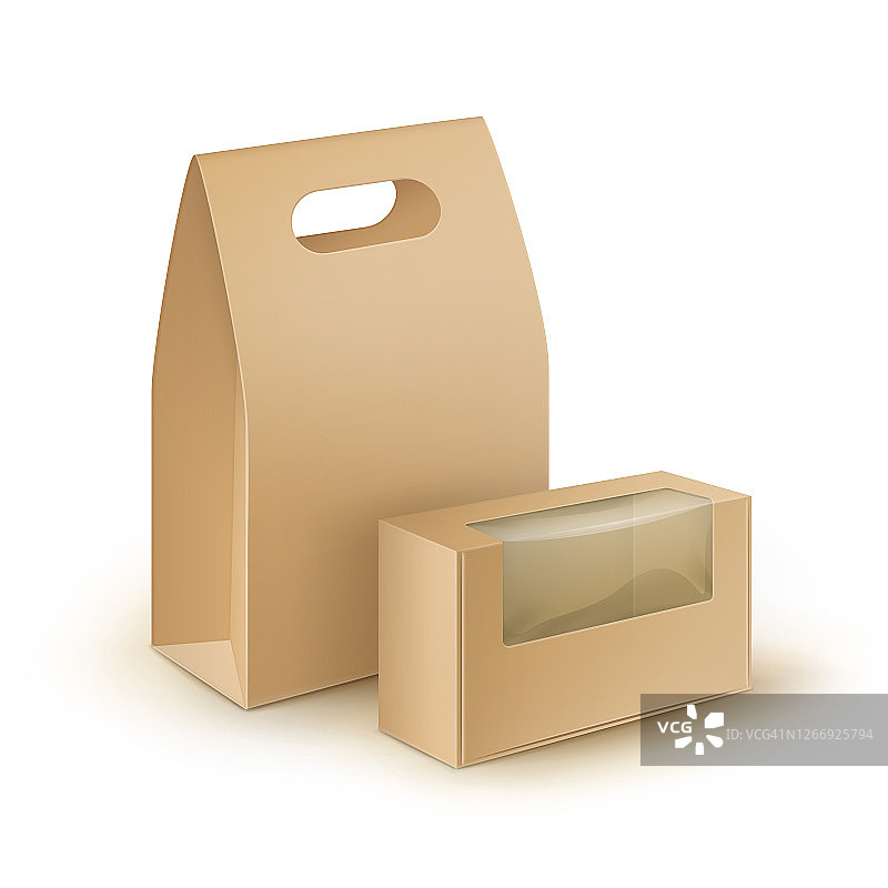 向量集棕色矩形带走午餐盒与塑料窗口隔离在白色背景图片素材