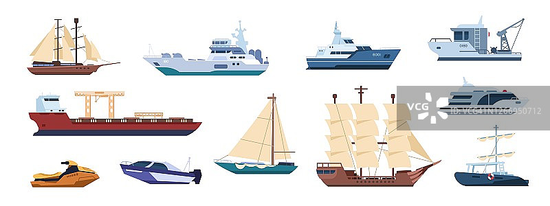 1910. m30.i010.n021.s.c12.1432983275平坦的船只。帆船、海上帆船、汽船、远洋运输类。矢量双体船和动力船组图片素材