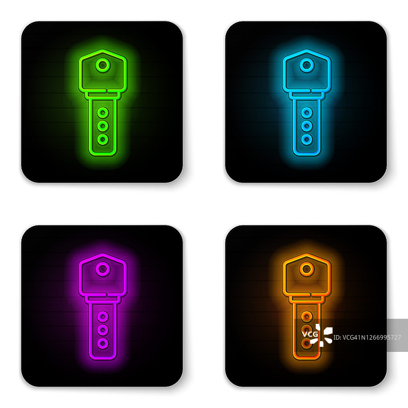 发光的霓虹灯线房子的关键图标孤立在白色的背景。黑色方形按钮。向量图片素材