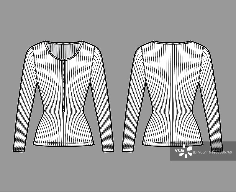 罗纹棉毛衫顶部技术时尚插图与长袖，苗条的fit，挖henley领口。平的衬衫图片素材
