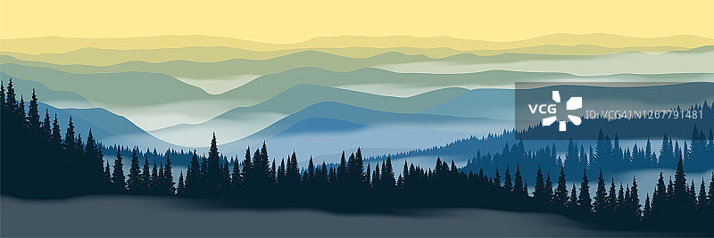 矢量图的山景观。日出在有雾的山林中。美丽的全景景观。图片素材