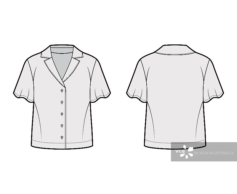 衬衫技术时尚插图轻松合身的复古露营衣领，前扣扣，短圆袖图片素材