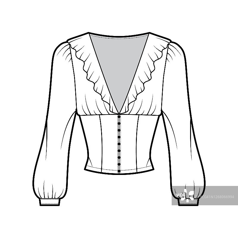 褶边短衬衫技术时尚插图与长主教袖，蓬松的肩膀前纽扣扣图片素材