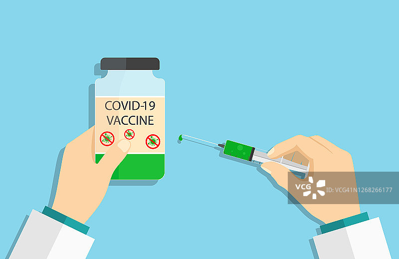Covid-19疫苗。医生手上的注射器用于接种疫苗。带注射针的注射器和装疫苗的小瓶。从流感免疫力。为住院病人注射药物液体治疗。向量图片素材