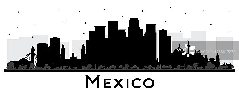 墨西哥天际线轮廓与黑色建筑孤立在白色。图片素材