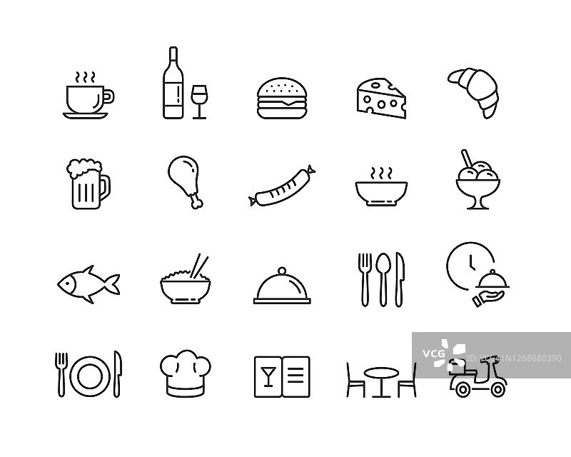 餐厅线图标设置与可编辑的笔触。20个符号的大纲集合。食物和饮料图标。矢量插图。图片素材