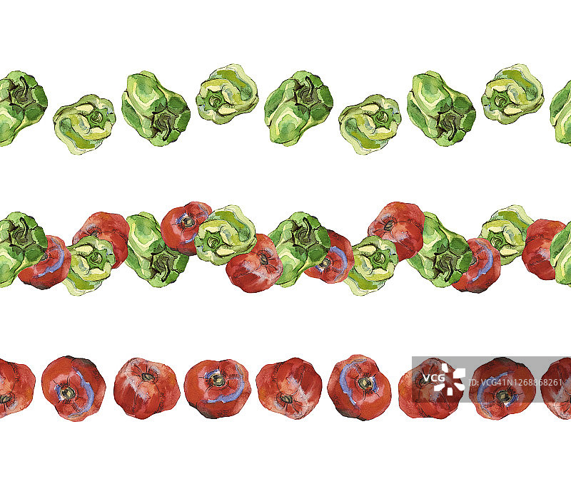 三套无缝水彩画边界。红番茄和绿甜椒，孤立在白色上。图片素材