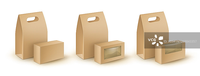 向量组棕色空白纸板矩形带走处理午餐盒包装的三明治，食物，礼物，其他产品与塑料窗户模拟近距离隔离在白色背景图片素材
