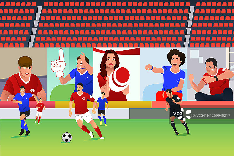 足球比赛与虚拟球迷矢量插图图片素材