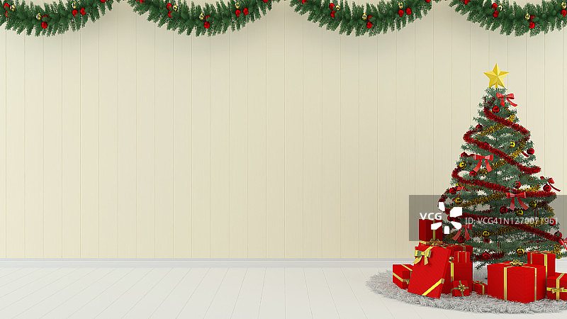 室内最小的房间与圣诞树装饰3d渲染模板背景copyspace图片素材