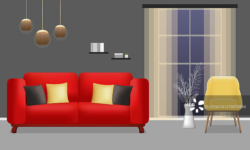 客厅有红色的沙发，黄色的扶手椅和窗户。客厅现代室内设计。室内设计图片素材