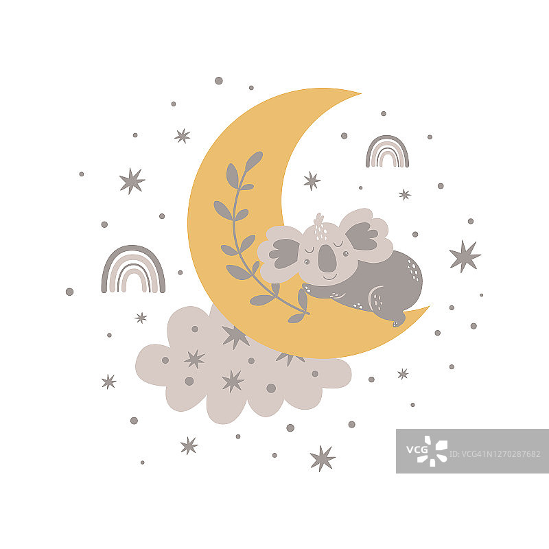 可爱的考拉宝宝在月亮上睡觉。波波月亮，小动物，云彩虹，星星。苗圃甜梦卡片图片素材