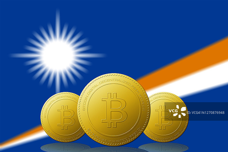 三种比特币加密货币，背景是马绍尔群岛的旗帜。图片素材