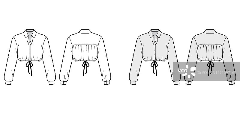 裁剪衬衫技术时尚插图与基本领，长袖，拉绳下摆，前扣系图片素材