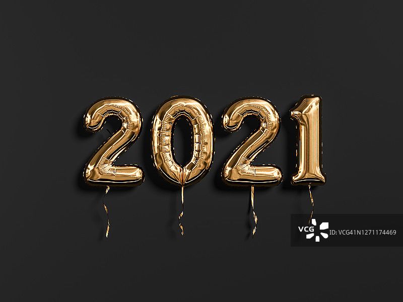 2021年新年，金色和黑色。金箔气球数字2021孤立在黑色背景。三维渲染图片素材