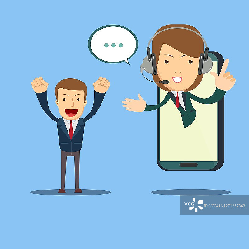 快乐的商人和呼叫中心接线员在智能手机的屏幕上。在线客户服务理念图片素材