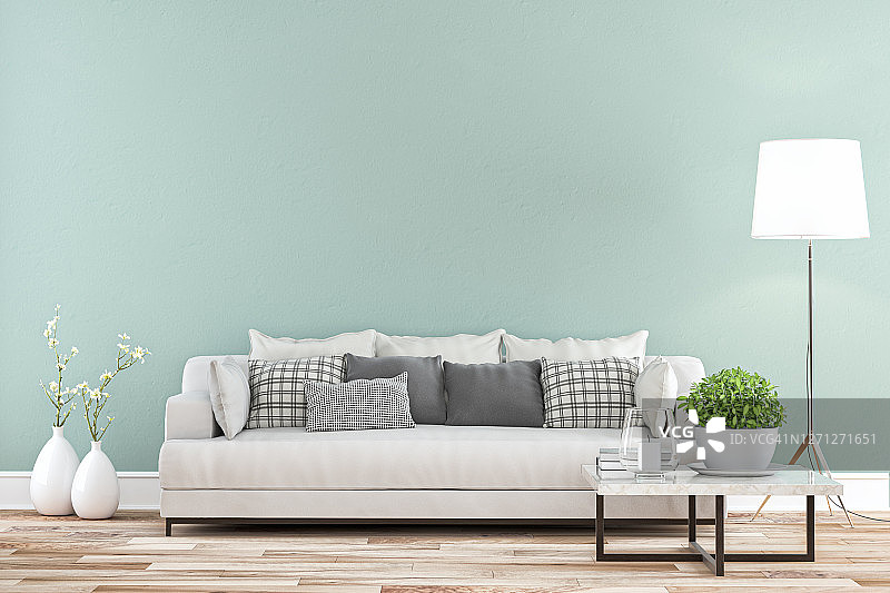 优雅的客厅配有沙发全景-彩色墙背景图片素材