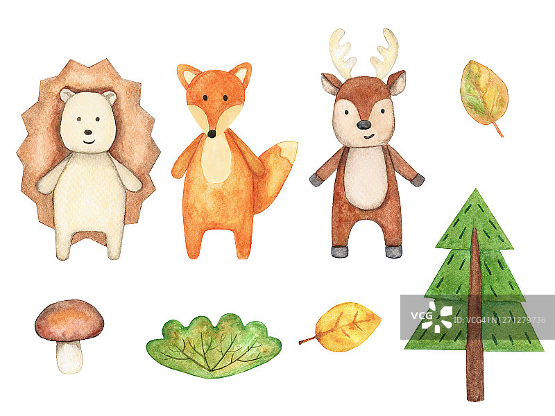 水彩画与可爱的野生动物。收藏品包括一只狐狸、一只鹿、一只刺猬、一棵圣诞树、一株灌木、一株蘑菇和一些秋叶。图片素材