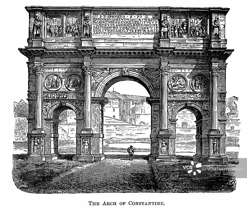 意大利罗马康斯坦丁拱门的古老雕刻插图。建于公元312年至315年之间图片素材
