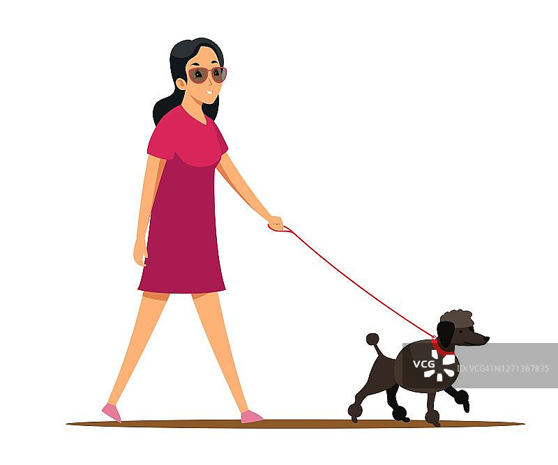 女子行走与孤立的白色背景插图。健康的户外生活方式载体。快乐的女孩微笑着牵着狗。年轻的女性角色在散步图片素材