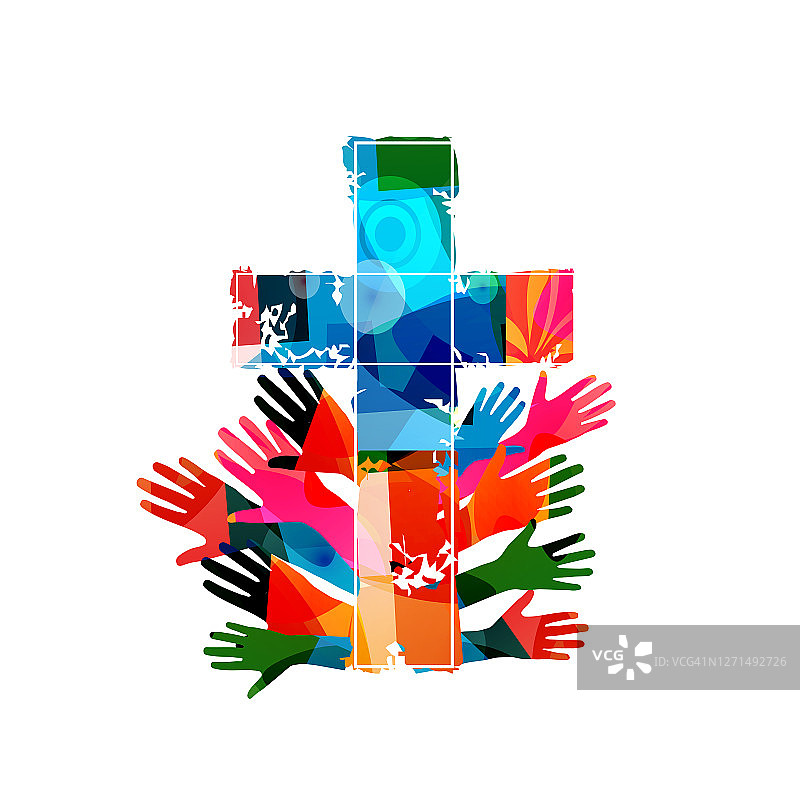 彩色基督教十字与人的手孤立矢量插图。宗教主题背景。设计为基督教，教会慈善，帮助和支持，祈祷和关怀图片素材
