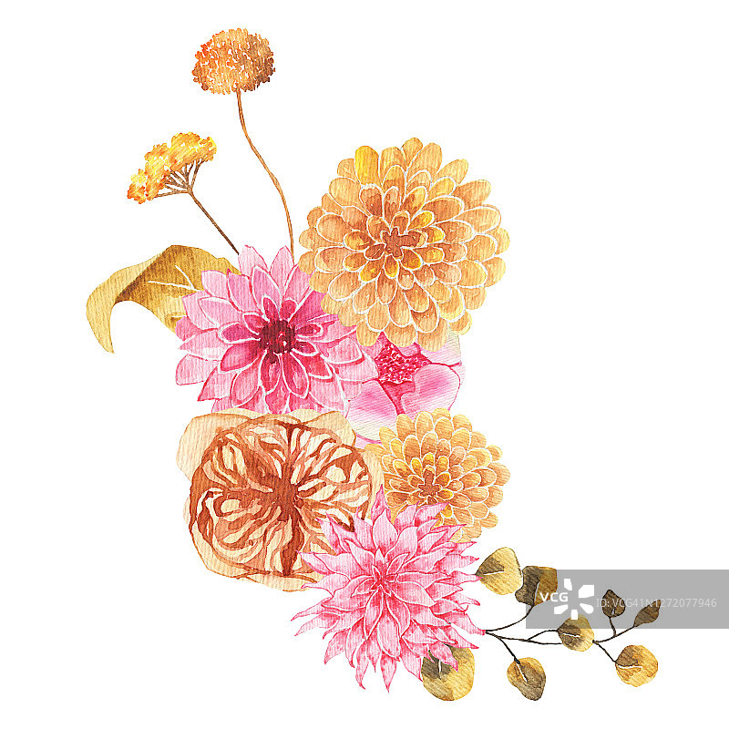 水彩秋天的花束与鲜花玫瑰，大丽花，牡丹，橙色绿叶图片素材