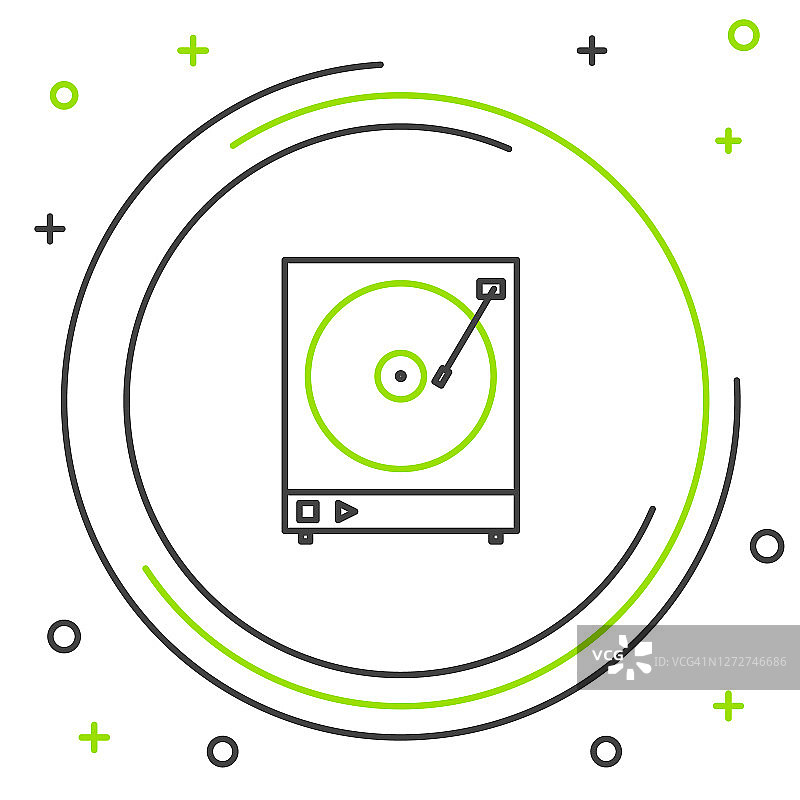 黑色和绿色线黑胶播放器与黑胶盘图标隔离在白色背景。彩色轮廓概念。矢量图图片素材