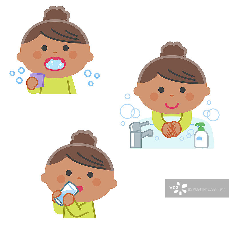 预防感染/漱口、洗手、女孩补水/无轮廓图片素材