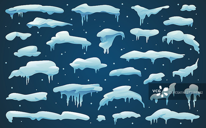 雪帽和雪冰，冰冻冰柱和雪花，矢量孤立卡通图标设置。摘要雪霜帽和冰柱在冬季背景上为圣诞和新年设计元素图片素材