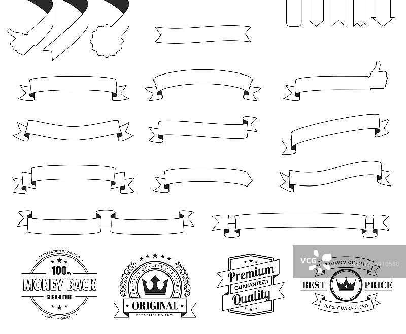 一套丝带，横幅，徽章，标签(轮廓，线条艺术)-设计元素在白色的背景图片素材