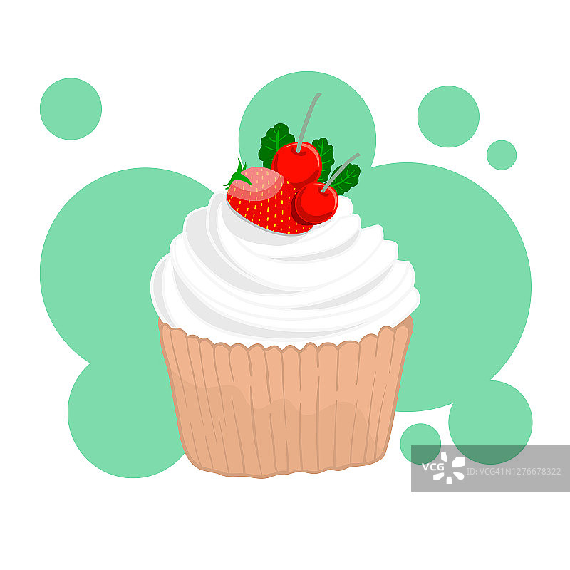 奶油杯蛋糕，浆果点缀，绿色背景。为欢乐时光画甜品。图片素材