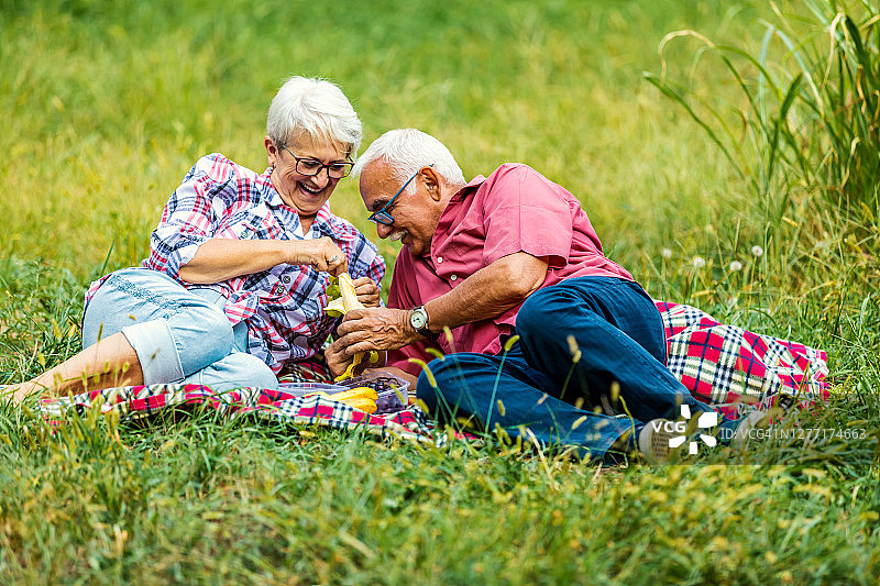 老夫妇有一个伟大的时间在一起野餐。图片素材