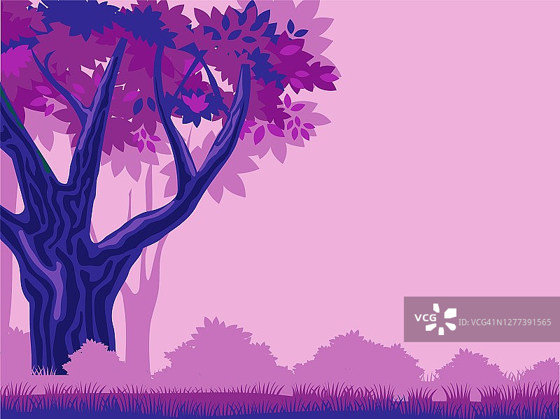 神秘的紫色森林模板。粉红色的雾神秘的深蓝色树木与红色的叶子神奇的空间剪影遥远的灌木丛。图片素材