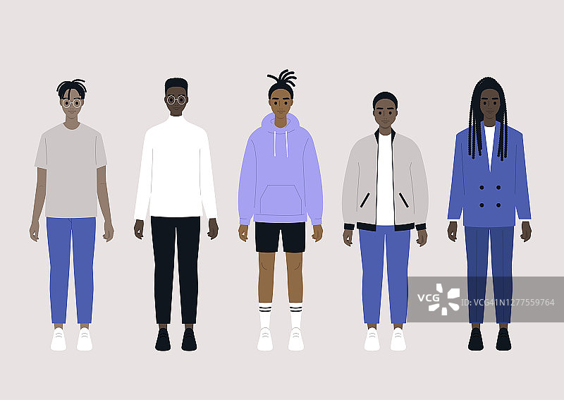 一组年轻的黑人男性角色穿着不同的服装:运动装、休闲装和商务装图片素材