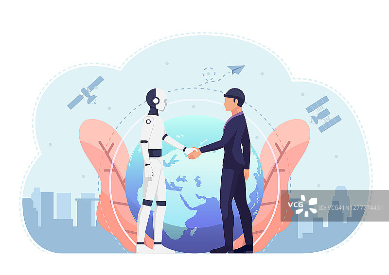 商人和人工智能机器人握手对抗世界和卫星在背景图片素材