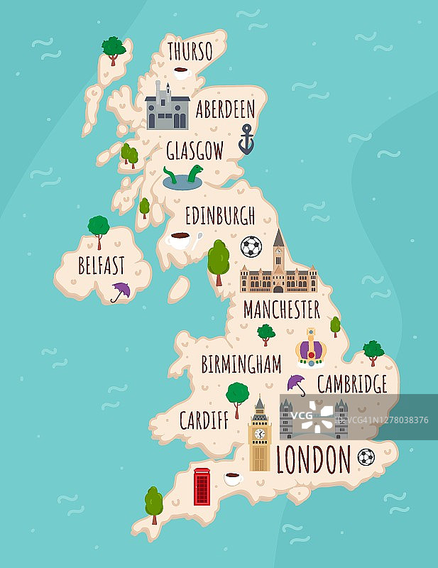 英国的卡通地图。旅游插图与英国地标，建筑，食物和植物。有趣的旅游信息图。国家的象征。著名的景点。矢量插图。图片素材