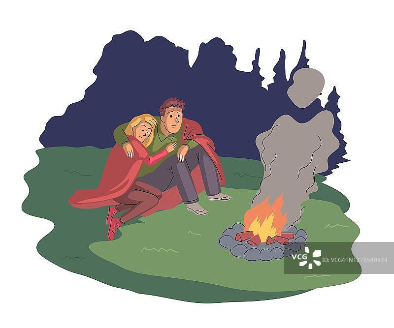 人们在冒险旅行，坐在篝火旁。一对情侣在森林里徒步旅行，晚上坐在篝火旁一起休息。旅游户外浪漫场景矢量插图图片素材