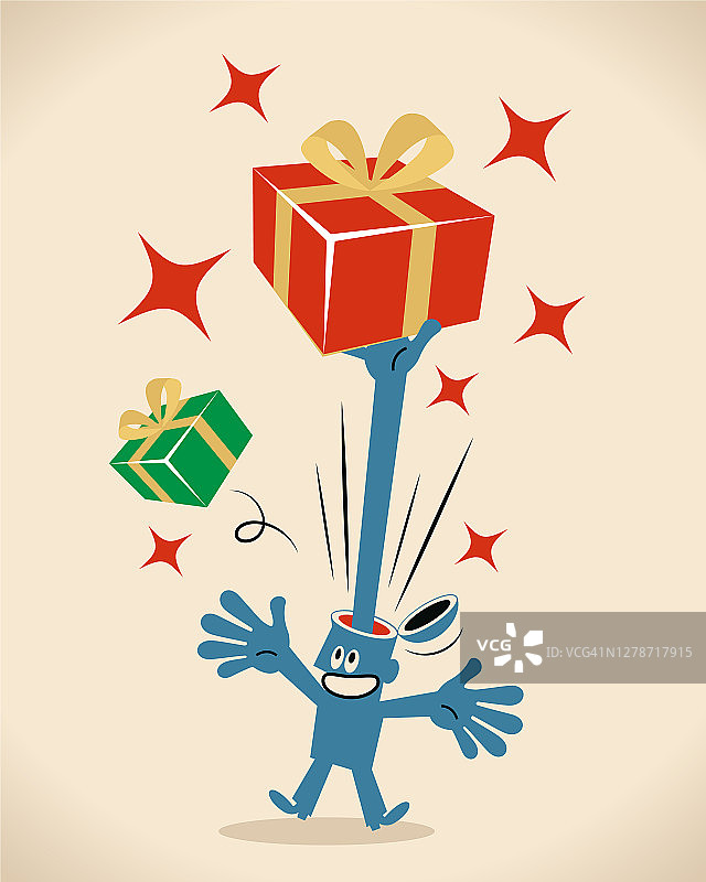 当微笑的蓝色男人的头打开时，一只手跳出来，展示了一个礼品盒;礼物的想法;分享美好的事物;在礼品盒之外思考图片素材