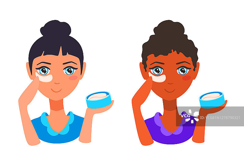 一个卡通女孩在脸上敷水凝胶眼罩。下眼睑皮肤治疗。女人会保养自己的皮肤。图片素材