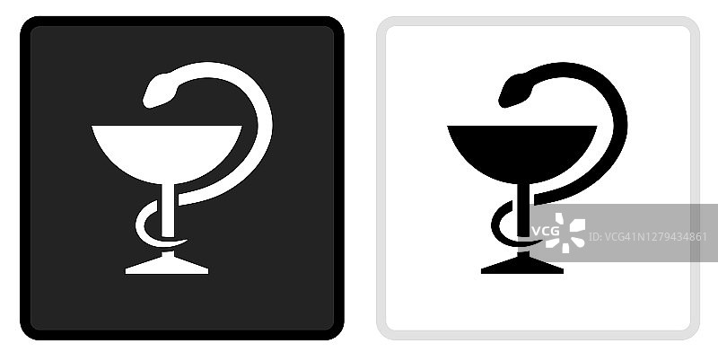 医疗酒杯和蛇图标在黑色按钮与白色翻转图片素材