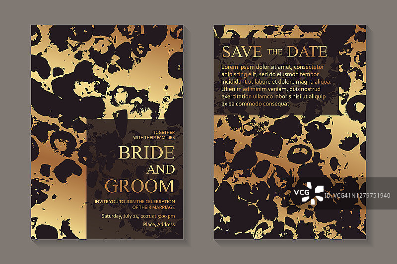 奢华的婚礼请柬，黑色背景上的金色波浪图片素材