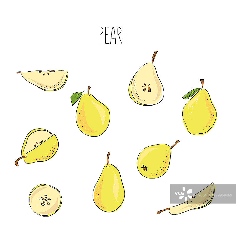 手绘素描风格水果套。生物食物矢量插图收集在白色的背景。片梨图片素材