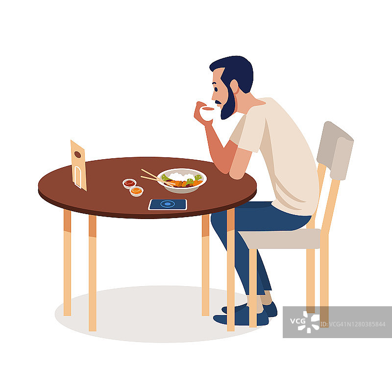 一个蓄着胡须的男人在一张白色背景孤立的桌子旁喝咖啡的完整的侧面照片。参观咖啡馆的人订餐。商人在餐厅选餐。平面向量插图图片素材