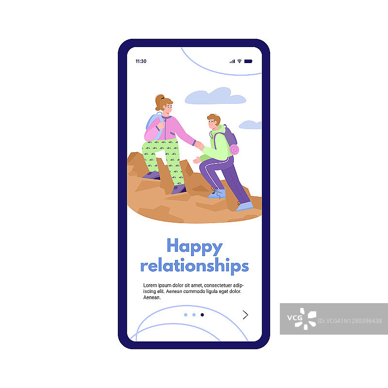 手机app界面在手机上屏幕上与快乐的情侣共同徒步探险图片素材