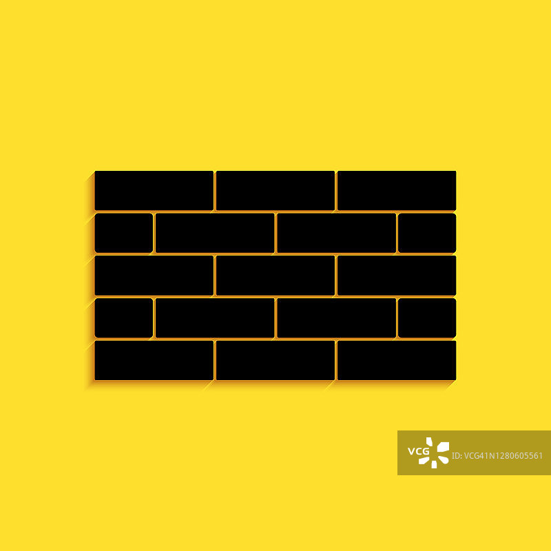 黑色砖块图标孤立在黄色背景上。长长的阴影风格。向量图片素材