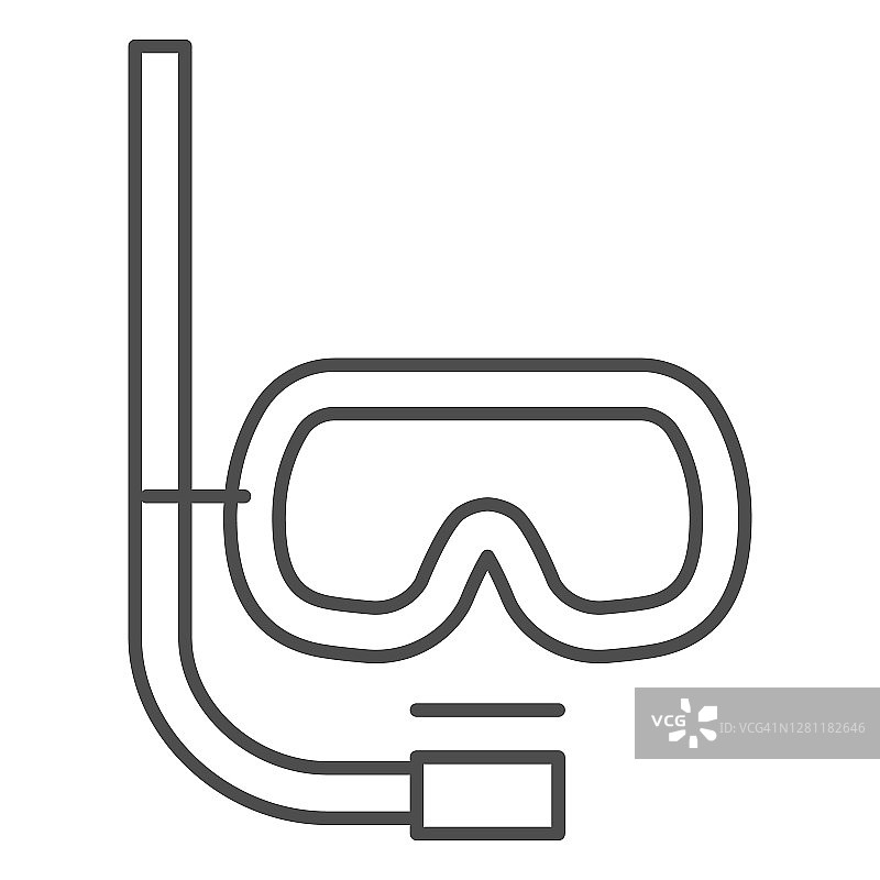 潜水面罩和通气管细线图标，水下运动概念，游泳护目镜标志上的白色背景，面具和管潜水图标在轮廓风格的移动和网络。矢量图形。图片素材