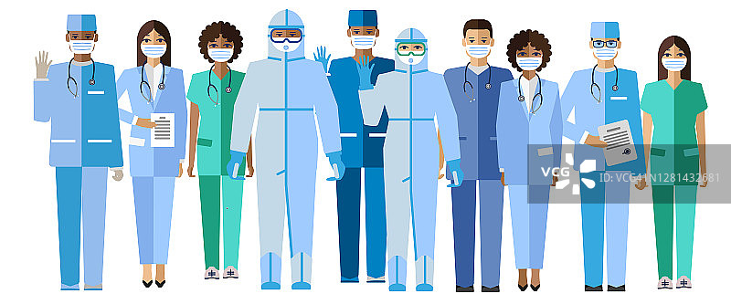 医生和护士。一组带口罩的医疗专业人员对抗冠状病毒矢量剪贴字符。图片素材