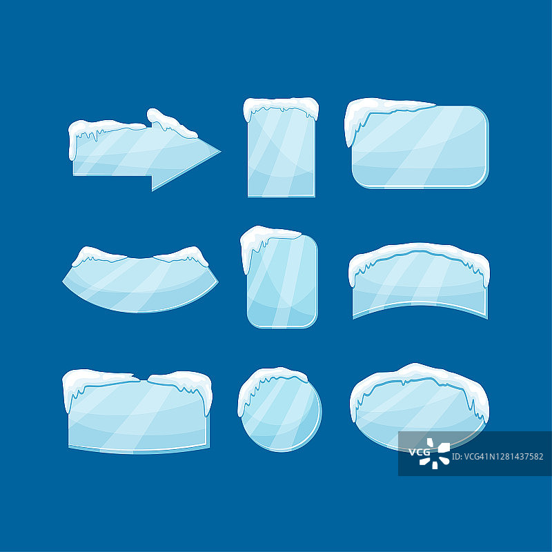 雪冰柱旗帜设置矢量插图孤立在蓝色背景。图片素材