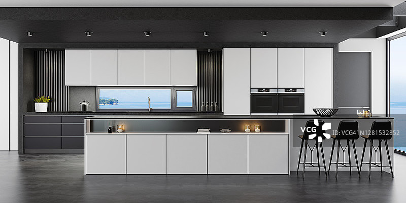 豪华哑光黑色和白色极简主义意大利风格厨房内部与长岛表图片素材