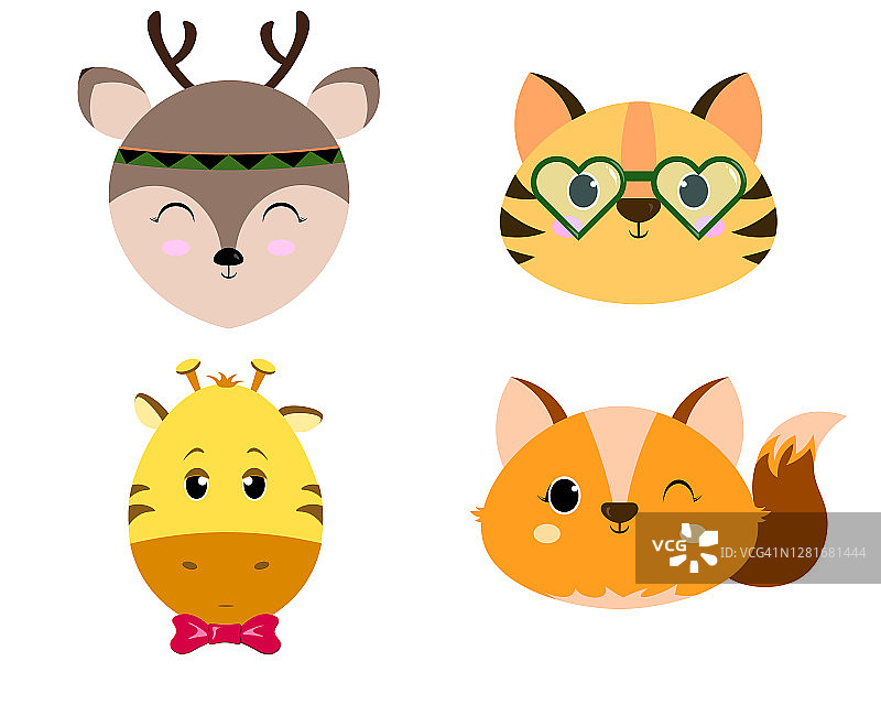 一套四个可爱的动物头-老虎，鹿，长颈鹿，狐狸。Ð卡通肖像平面设计。白色背景上卡通风格的小动物。矢量图图片素材
